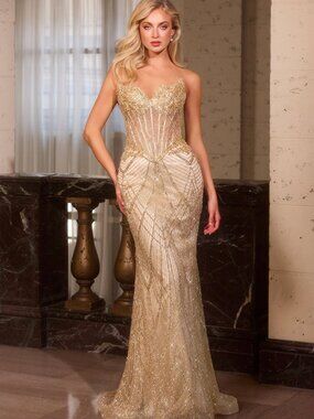 NEW GOLD Evening Gown Floor Length Formal Elegant Stunning J888